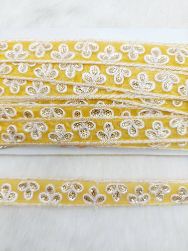 Wholesale Yellow Net Lace Floral Embroidery & Glitter Gold Sequins, Indian Wedding Border, Gifting Ribbon Costume Trim Fashion Trimming